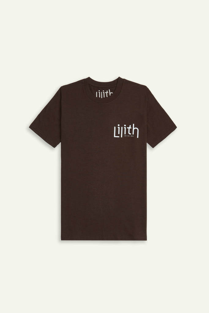 A dark brown or dark chocolate colored crewneck t-shirt with the Lilith NYC wordmark screen printed on the upper left chest area. The logo is white.