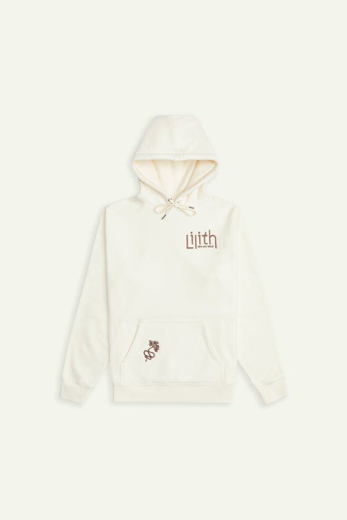 A cream or off-white hoodie with the Lilith NYC wordmark logo embroidered on the upper left chest area. Embroidery of a snake with a branch tail is located on the right side of the kangaroo pocket. All embroidery is in brown or dark chocolate.