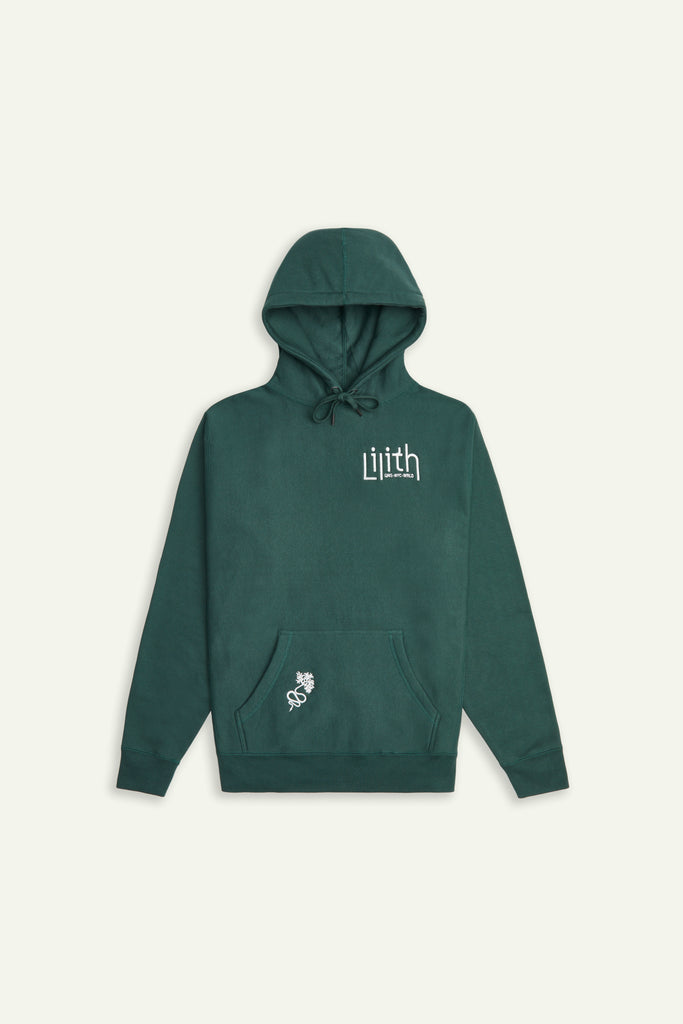 A green or jungle green hoodie with the Lilith NYC wordmark logo embroidered on the upper left chest area. Embroidery of a snake with a branch tail is located on the right side of the kangaroo pocket. All embroidery is in cream or off-white. 