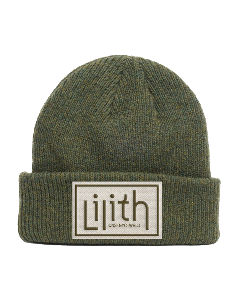 A green 100% merino wool beanie with a centered patch that includes the Lilith NYC wordmark in 2d embroidery. Embroidery is in a dark brown or moss colored thread. 