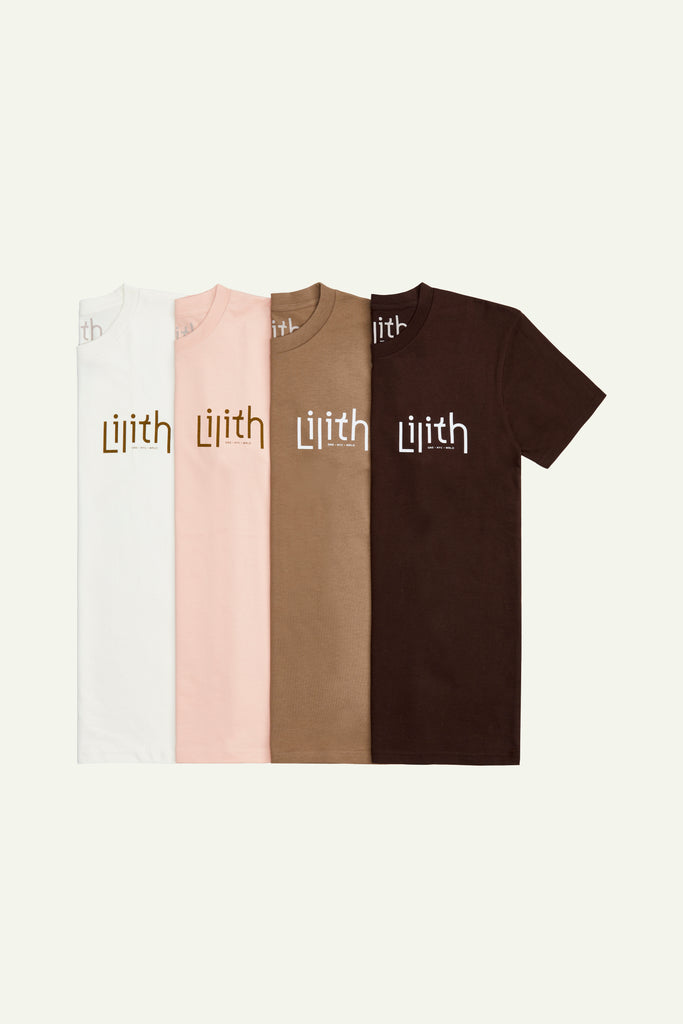 Cream, light pink, light brown, and dark chocolate brown-colored t-shirts folded and displayed as a flat lay.