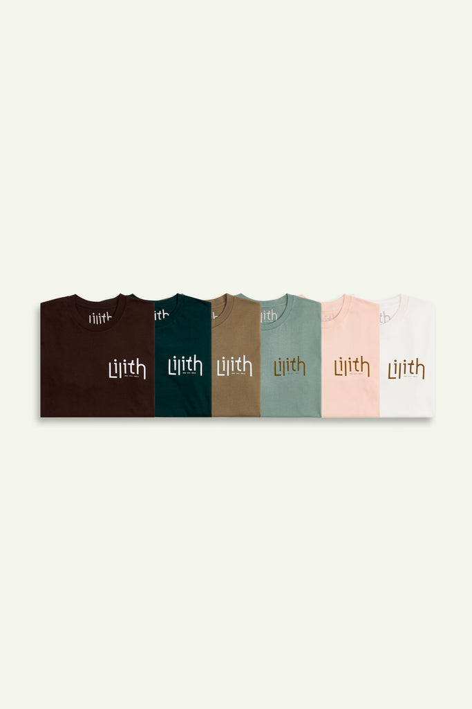 A dark chocolate brown, forest green, light brown, sage, light pink, and cream-colored t-shirts folded and displayed as a flat lay. 