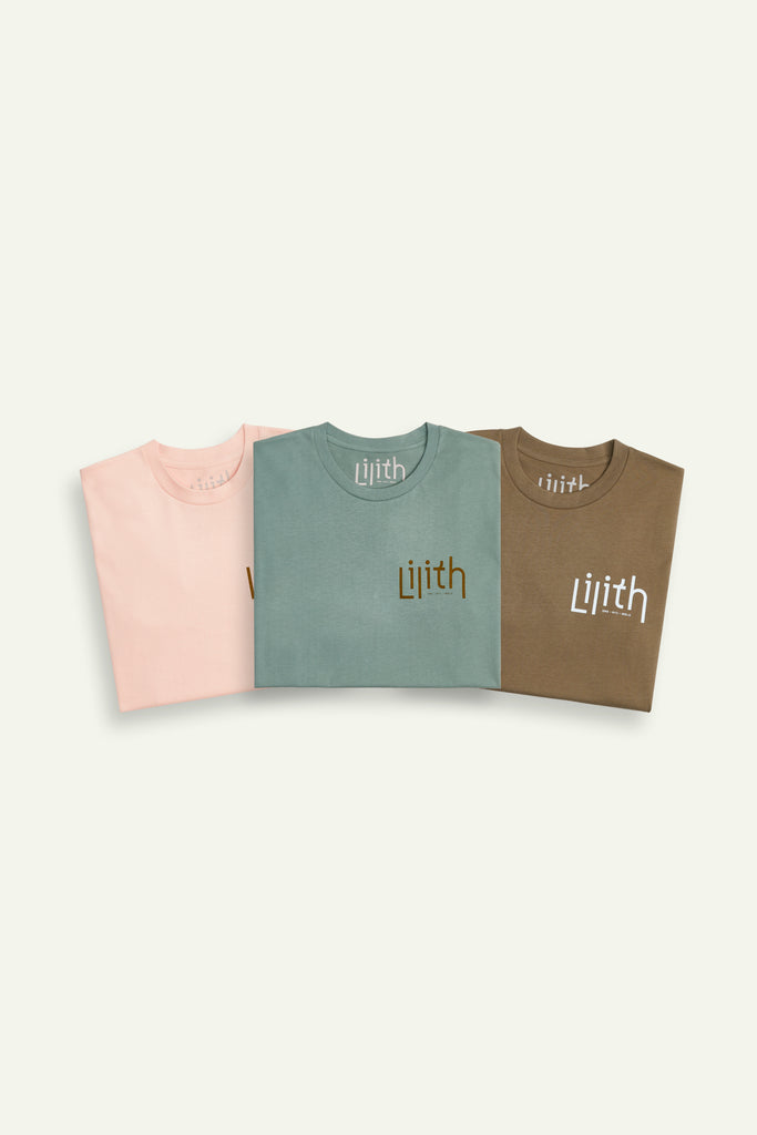 Light pink, sage, and light brown colored t-shirts folded and displayed as a flat lay. 