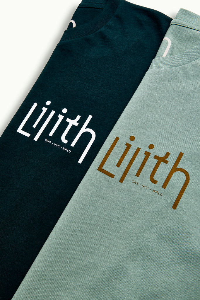 Forest green and sage-colored crewneck t-shirts with the Lilith NYC wordmark logo screen printed on the upper left chest area.