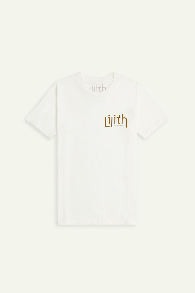 A cream or off-white crewneck t-shirt with the Lilith NYC wordmark logo screen printed on the upper left chest area. The logo color is moss.
