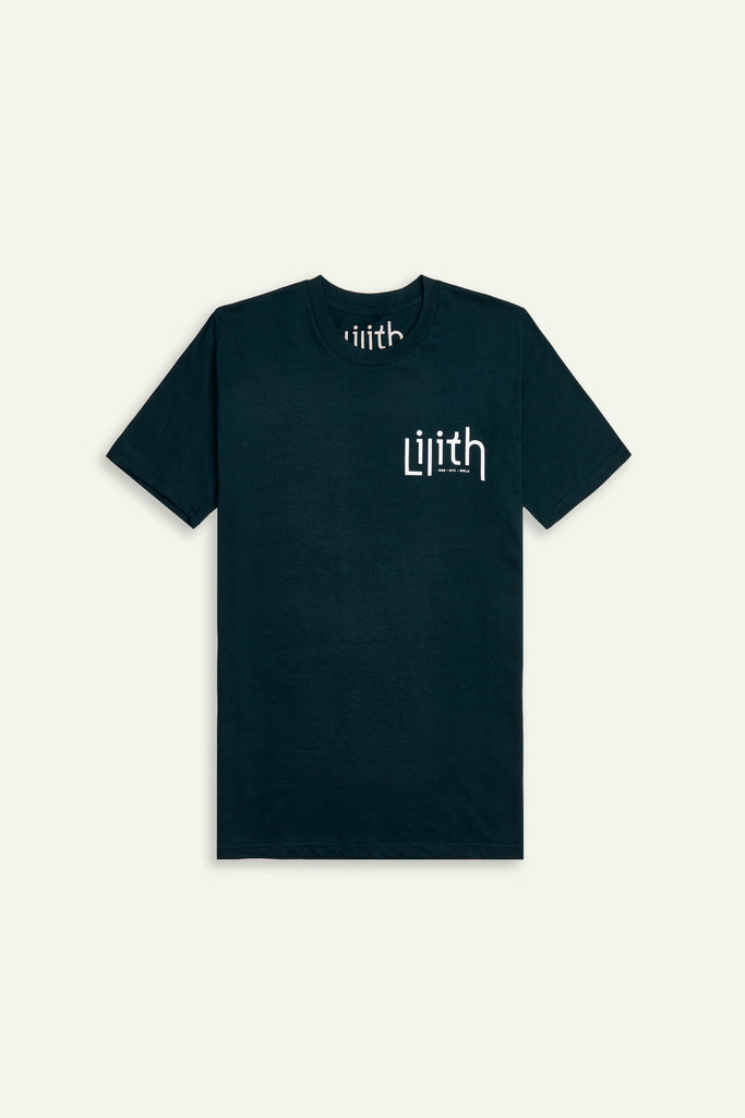 A dark green or forest green crewneck t-shirt with the Lilith NYC wordmark logo screen printed on the upper left chest area. The logo color is white.