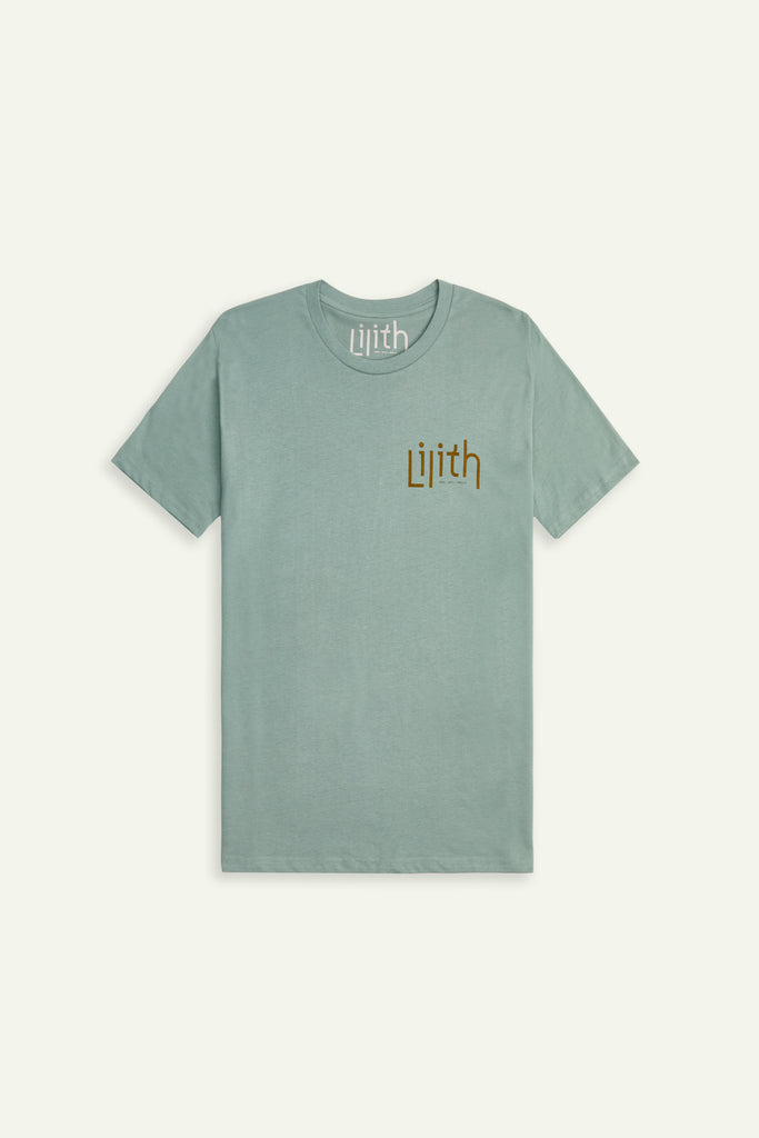 A light green or sage crewneck t-shirt with the Lilith NYC wordmark logo screen printed on the upper left chest area. The logo color is moss.