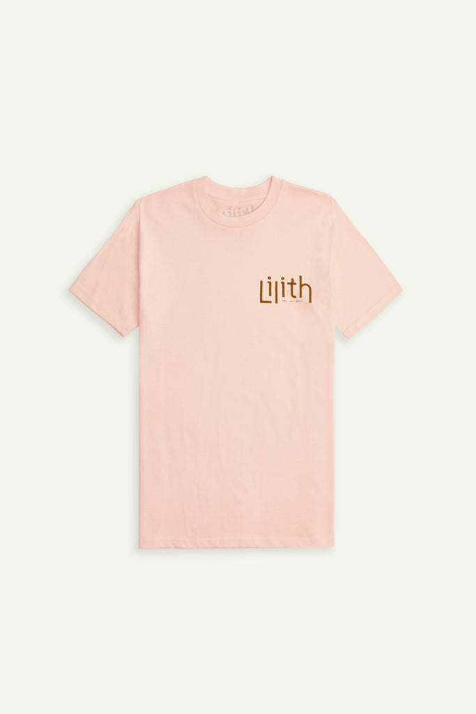 A light pink crewneck t-shirt with the Lilith NYC wordmark logo screen printed on the upper left chest area. The logo color is moss.